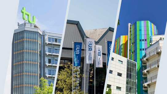 Collage aus drei Universitätsgebäuden, getrennt durch diagonale Linien. Links befindet sich ein Gebäude der TU Dortmund mit dem grünen TU-Logo. In der Mitte ist ein Ausschnitt des Audimax der Ruhr-Universität Bochum mit den RUB-Fahnen davor zu sehen. Rechts sind mehrere farbenfrohe Gebäude der Universität Duisburg-Essen abgebildet.