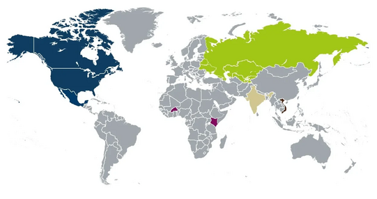World map with the participating countries of the Study Bridge programme