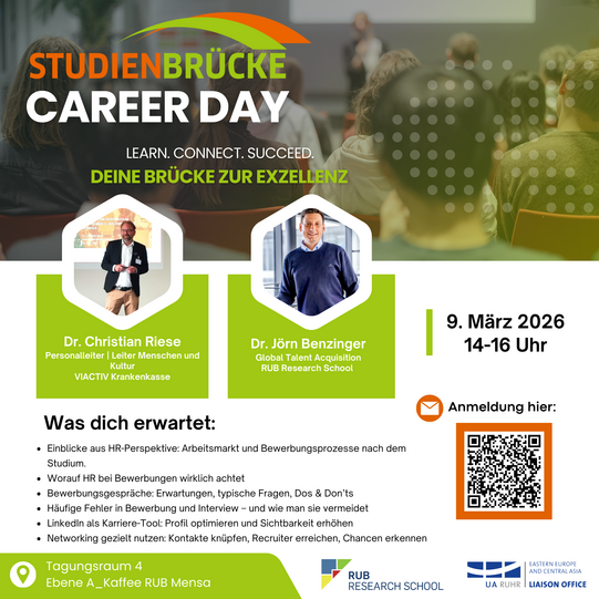 Der Flyer zu den Career Days der Studienbrücke 2026 ist in einem modernen, klaren Design gestaltet. Auf der linken Seite dominieren grüne Farbflächen mit der Überschrift „Career Days der Studienbrücke“ sowie dem Hinweis auf die Vortragsreihe 2026. Darunter werden zentrale Themen wie Karrierewege, Bewerbung, Networking und LinkedIn genannt.