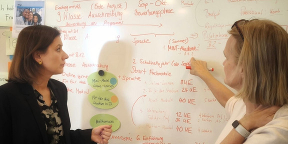 Two programme managers stand in front of a board with a graphic timeline and coloured markers and discuss the content and modules of the Studienbrücke programme at the kick-off event to launch the programme in Turkey.