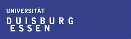 Logo der Universität Duisburg-Essen- blauer Hintergrund mit weißen Buchstaben