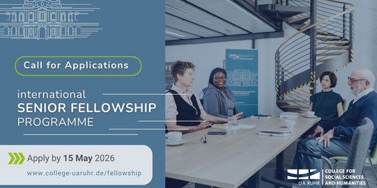 Graphic for the call for applications for the International Senior Fellowship Programme. On the right, several people are sitting at a table in a modern seminar room and having a conversation. On the left is information about the application process, including the deadline ‘Apply by 15 May 2026’ and a link to the programme page.
