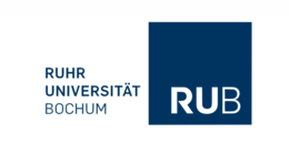 Logo der Ruhr Universität Bochum- weißer Hintergrund mit blauem Kachel mit RUB