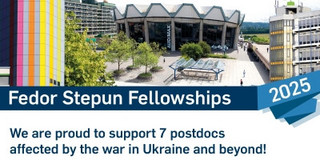  Advertising graphic for the Fedor Stepún Fellowships 2025 at Ruhr University Bochum. University buildings and the Audimax lecture hall can be seen in the background. The text reads: “Fedor Stepun Fellowships 2025 – We are proud to support 7 postdocs affected by the war in Ukraine and beyond!”. Logos of the RUB Research School, UA Ruhr Liaison Office Eastern Europe and Central Asia, Zimin Foundation and Osteuropa Kolleg NRW are shown.