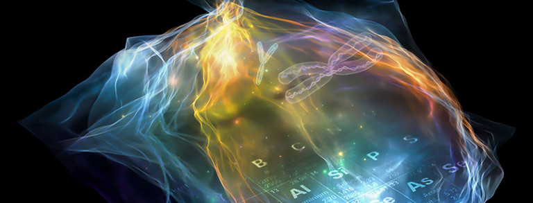 Verschiedene Symbole und Fotos aus der Forschung, die ein einer Wolke vor schwarzem Hintergrund dargestellt sind.